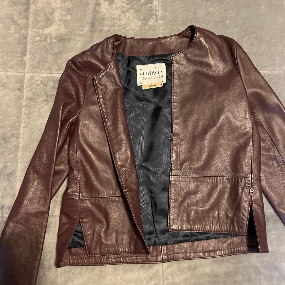 Ottod'ame Leather Jacket XS US 4 CAN 6 Brown/ Dark Purple Round Neck NEW